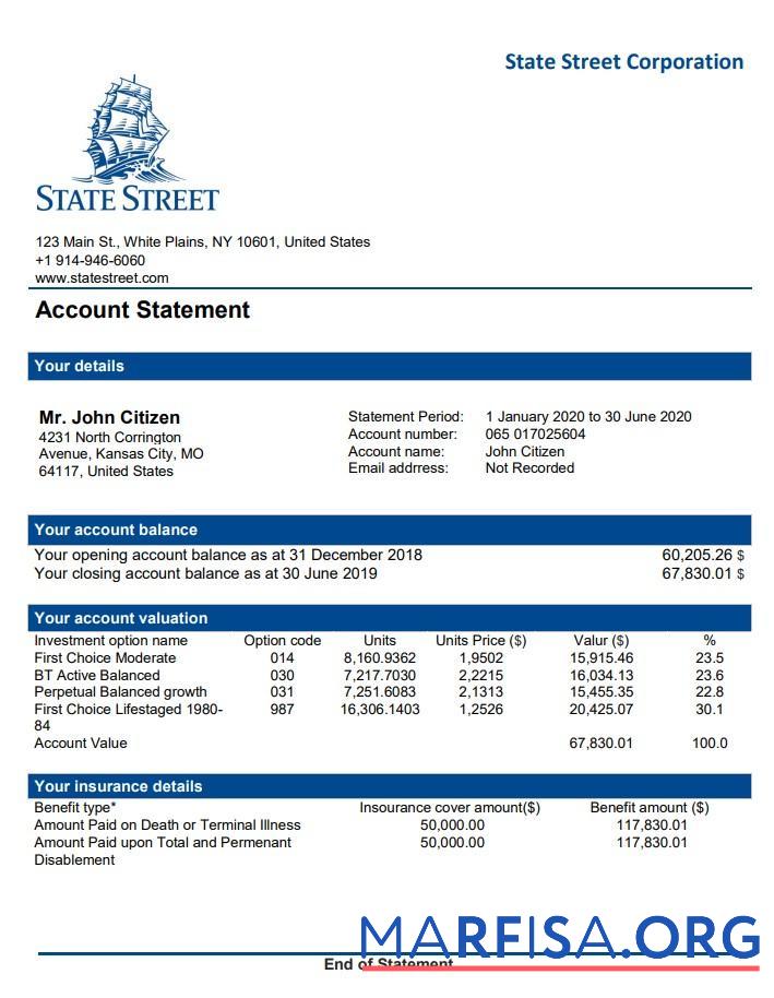 Downloadable USA State Street Corporation bank statement word sample